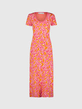 Pink Short Sleeve Scoop Neck Floral Knit Maxi Dress